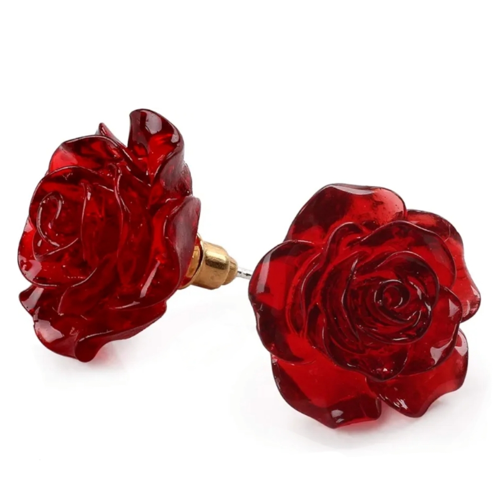 Blood Red Resin Rose Earrings Carved Flower 3D Shape Flowers Roses Botanical